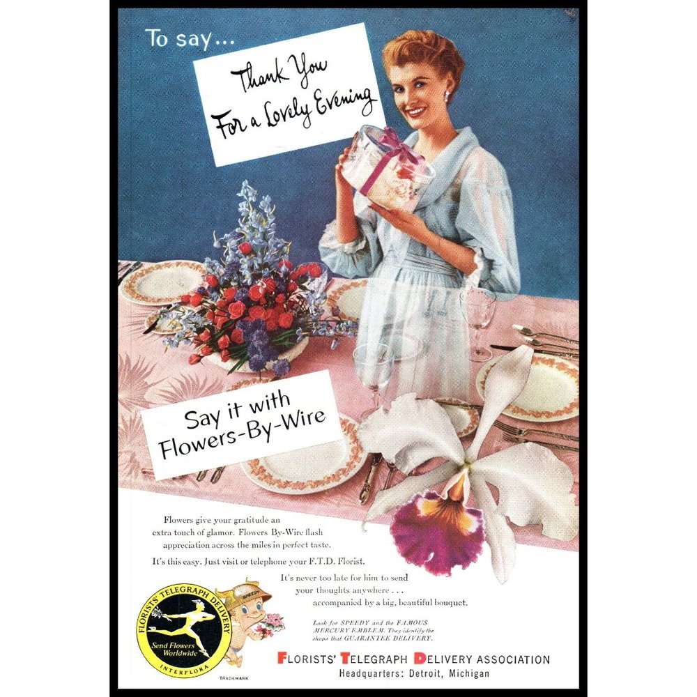 1953 FTD Florists Vintage Print Ad Housewife Dinner Party China Wall Art Photo